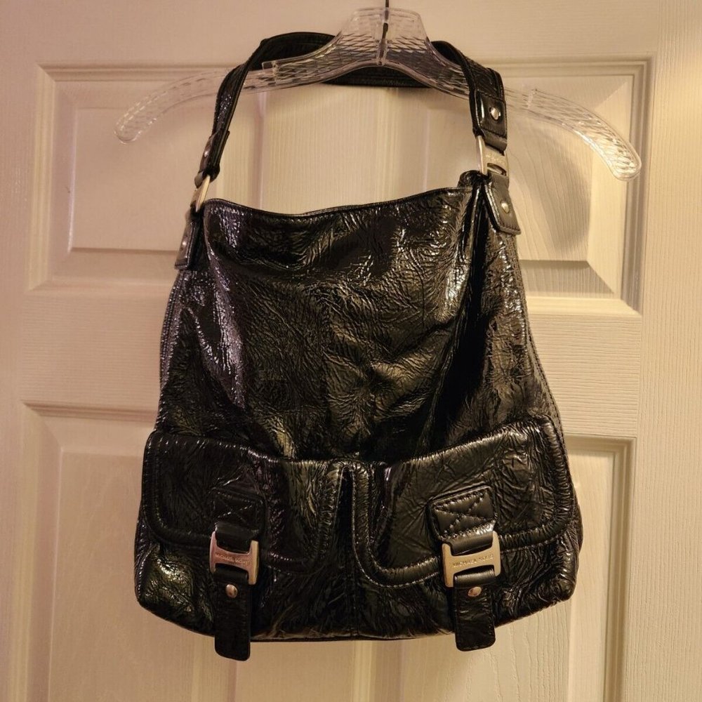 Michael Kors Black Patent Leather Crinkle Ranger Shoulder Bag
